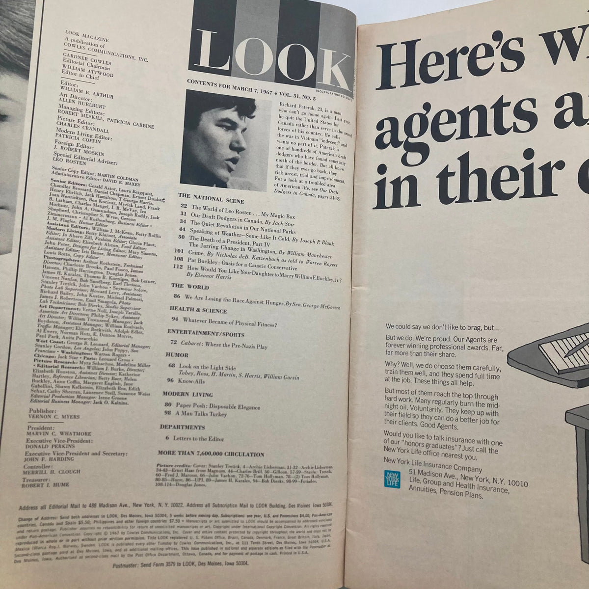 Contents page of VTG Look Magazine March 7 1967, detailing articles including the national scene and significant stories from Volume 31, Number 5.
