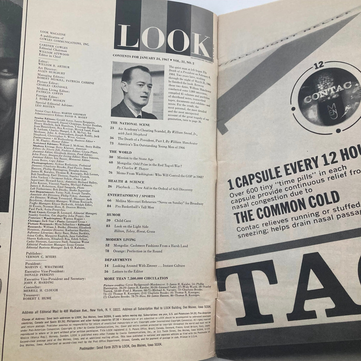Inside of VTG Look Magazine January 24 1967, Table of Contents page, highlighting articles and topics including the legacy of President John F. Kennedy.
