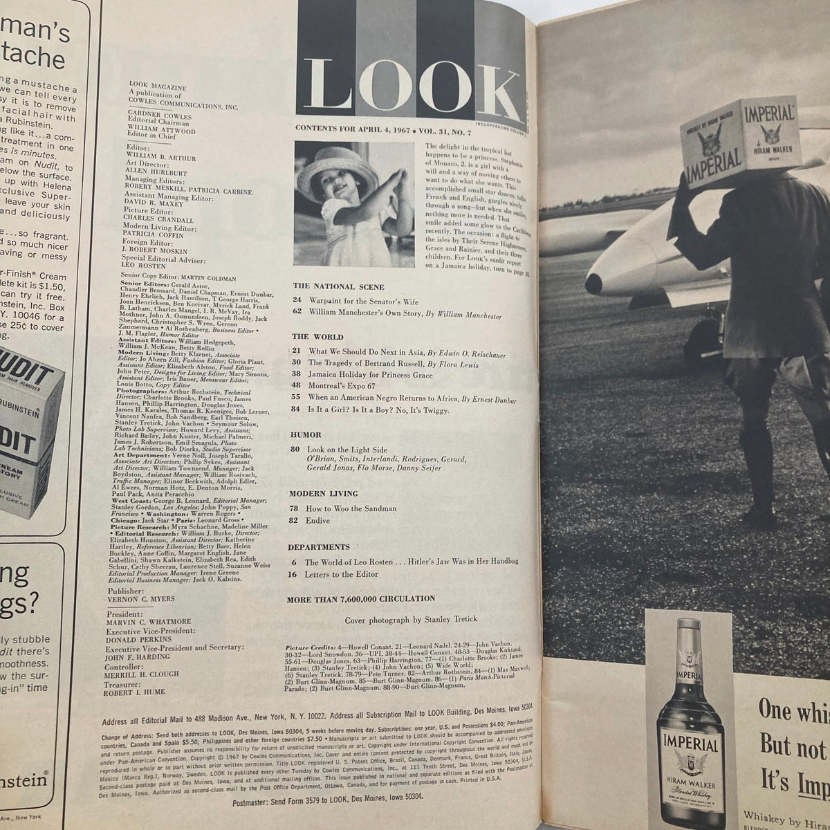 Contents page of the VTG Look Magazine April 4 1967 Vol 31 No. 7 Jackie Kennedy cover, featuring articles and topics from the era.