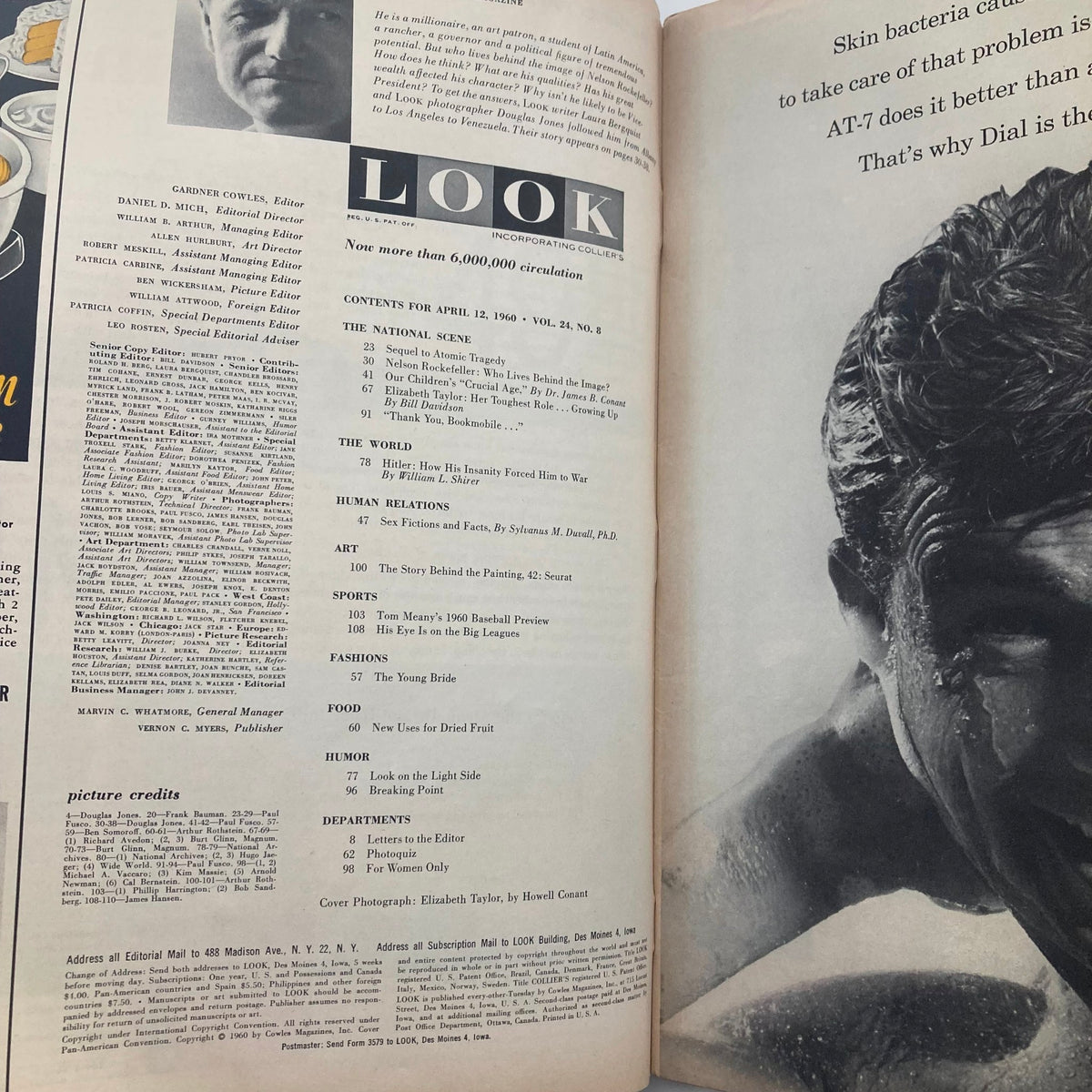 Inside page of Look Magazine April 12, 1960 detailing contents, with a focus on Elizabeth Taylor and her journey in the film industry.