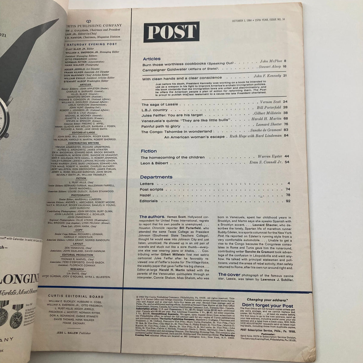 Interior page from The Saturday Evening Post, October 3, 1964, listing articles including The Saga of Lassie, reflecting the magazine's classic editorial style.