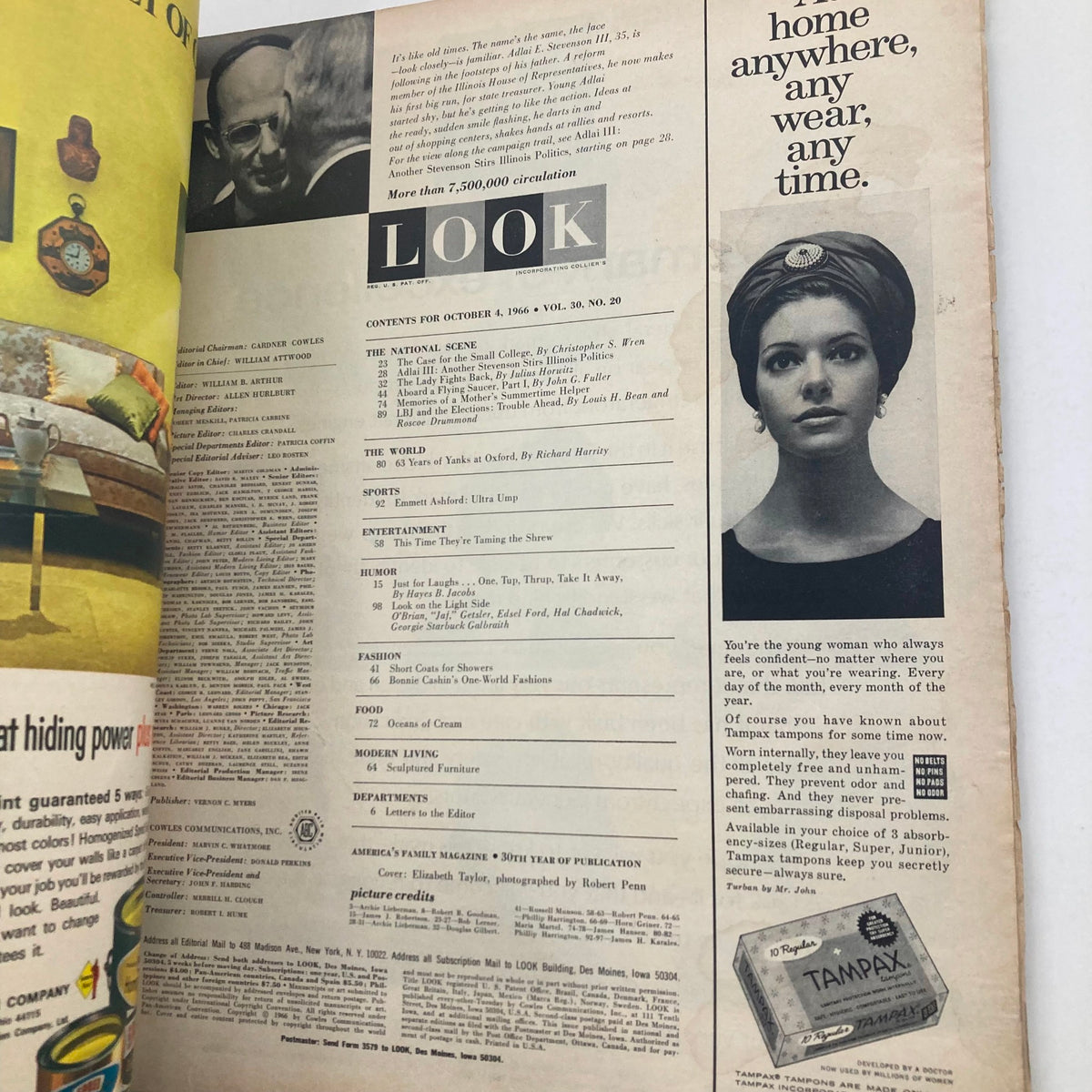 Inside page of REVTG Look Magazine October 4 1966 Vol 30 No. 20 with contents, including various articles and features alongside a photo of a model.