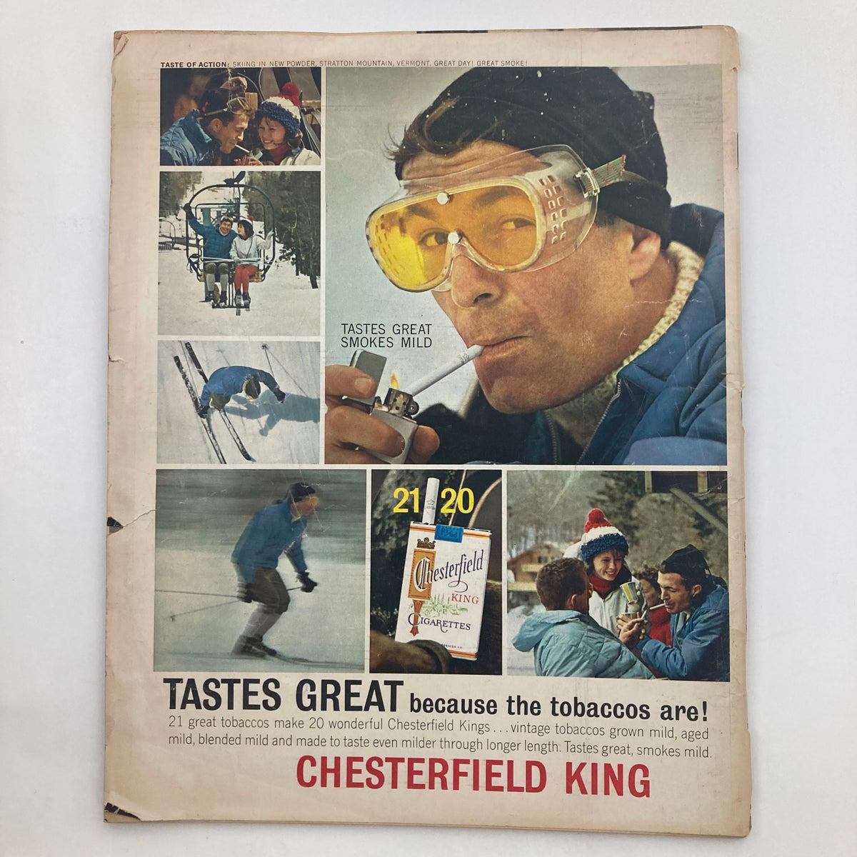 Back cover of VTG Look Magazine December 3, 1963 advertising Chesterfield King cigarettes, featuring a winter sports scene.
