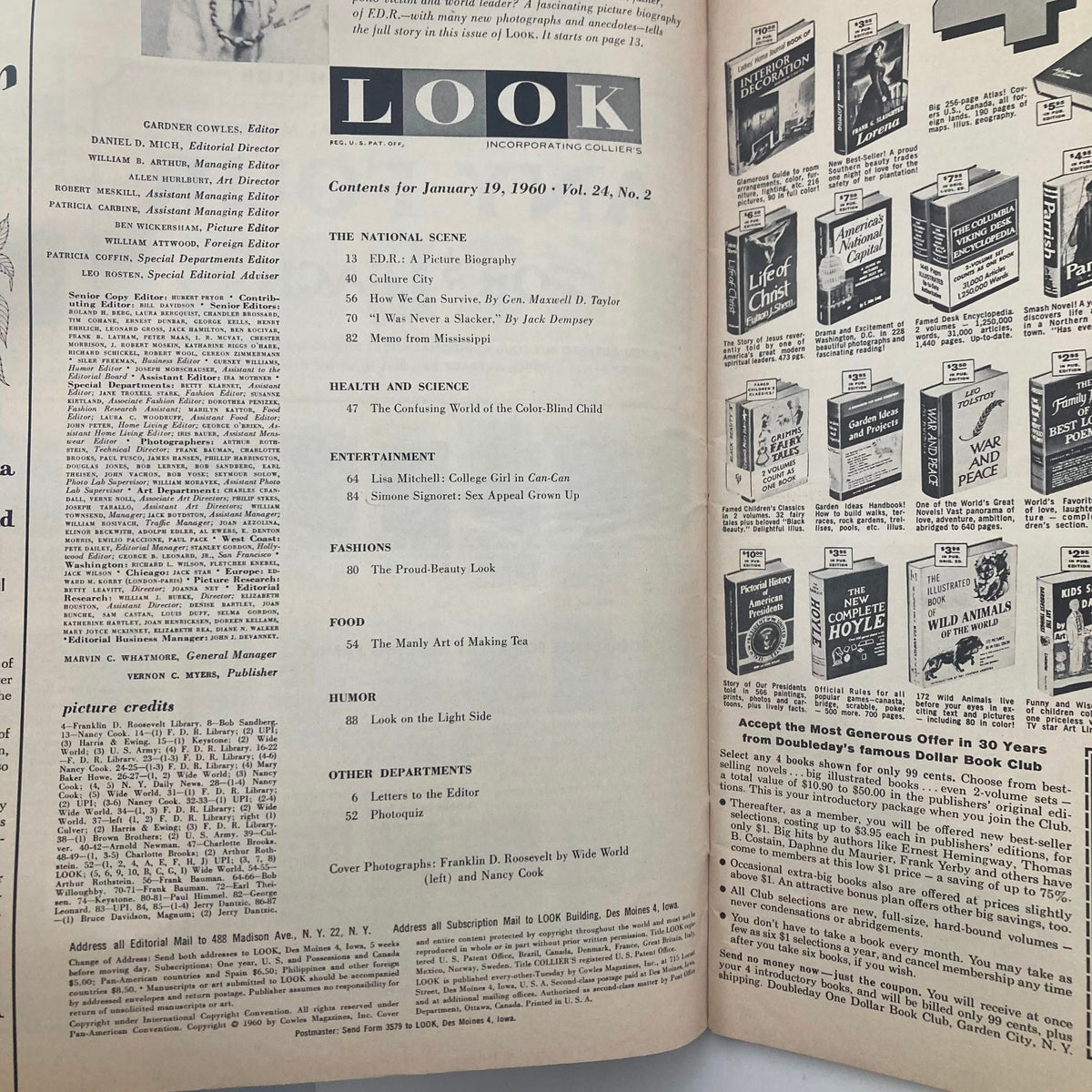 Inside page of the VTG Look Magazine January 19 1960 Vol 24 No. 2 displaying the table of contents and article listings including Franklin D. Roosevelt's biography.