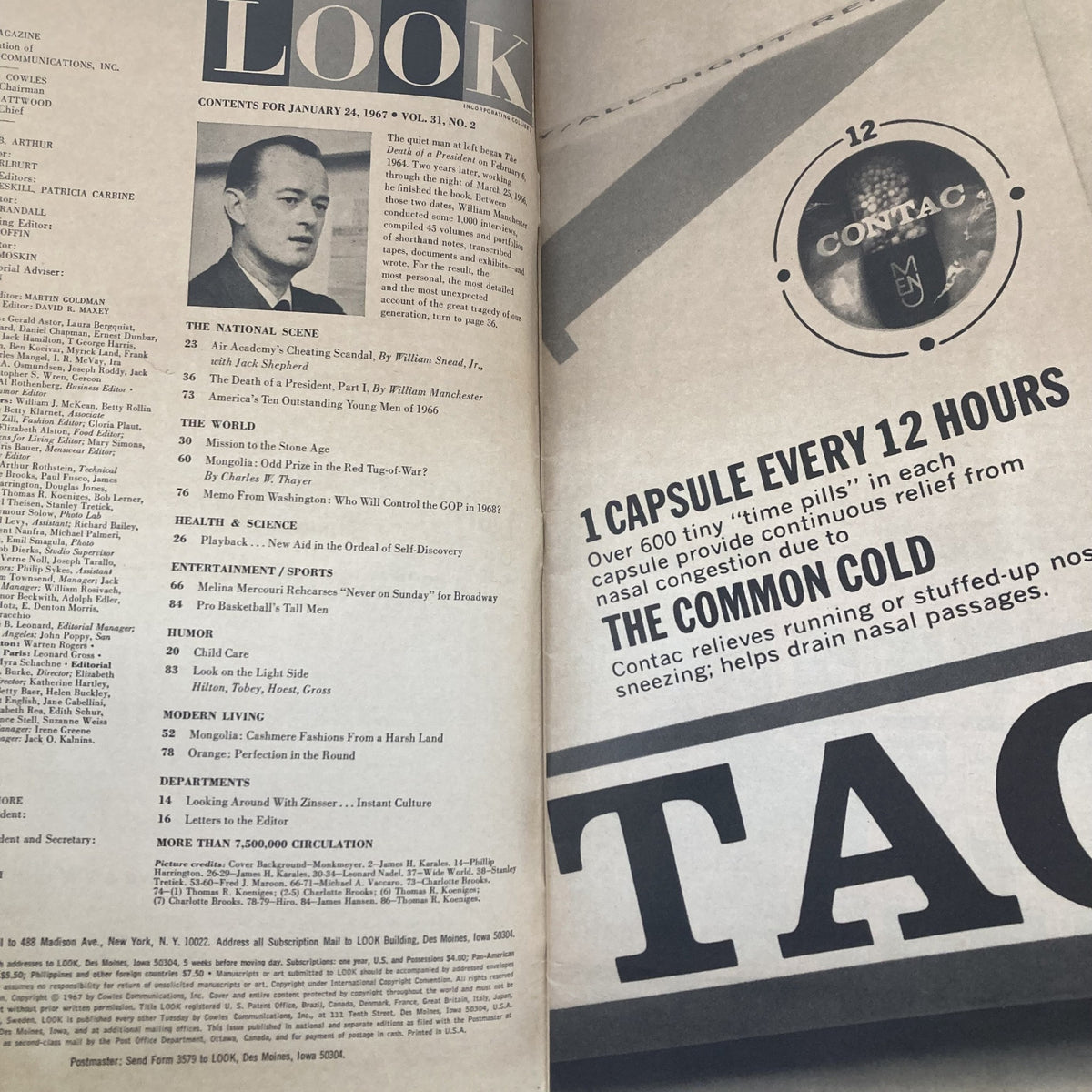 Contents page of VTG Look Magazine January 24 1967 Vol 31 No. 2 listing articles including 'The Death of a President' by William Manchester, with highlighted sections for various topics and ads.