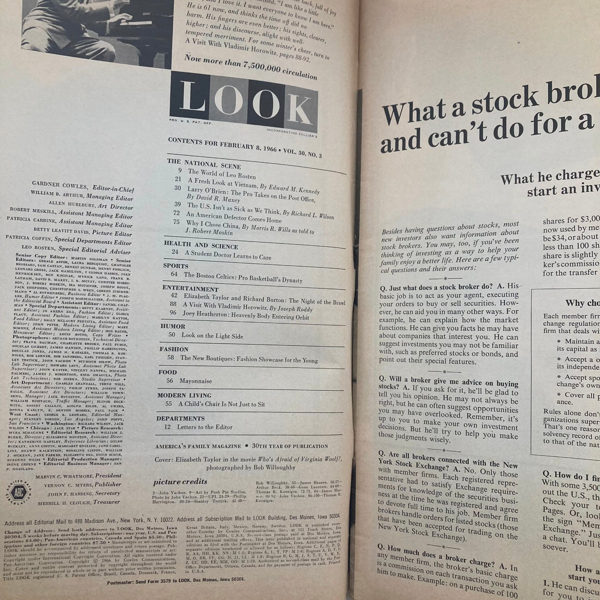 Contents page of VTG Look Magazine February 8 1966, Vol 30 No. 3, detailing featured articles including Elizabeth Taylor.