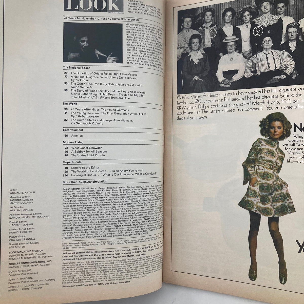 Interior page of VTG Look Magazine November 12, 1968 displaying the contents for Volume 32, Number 23, featuring various articles and topics relevant to the era.
