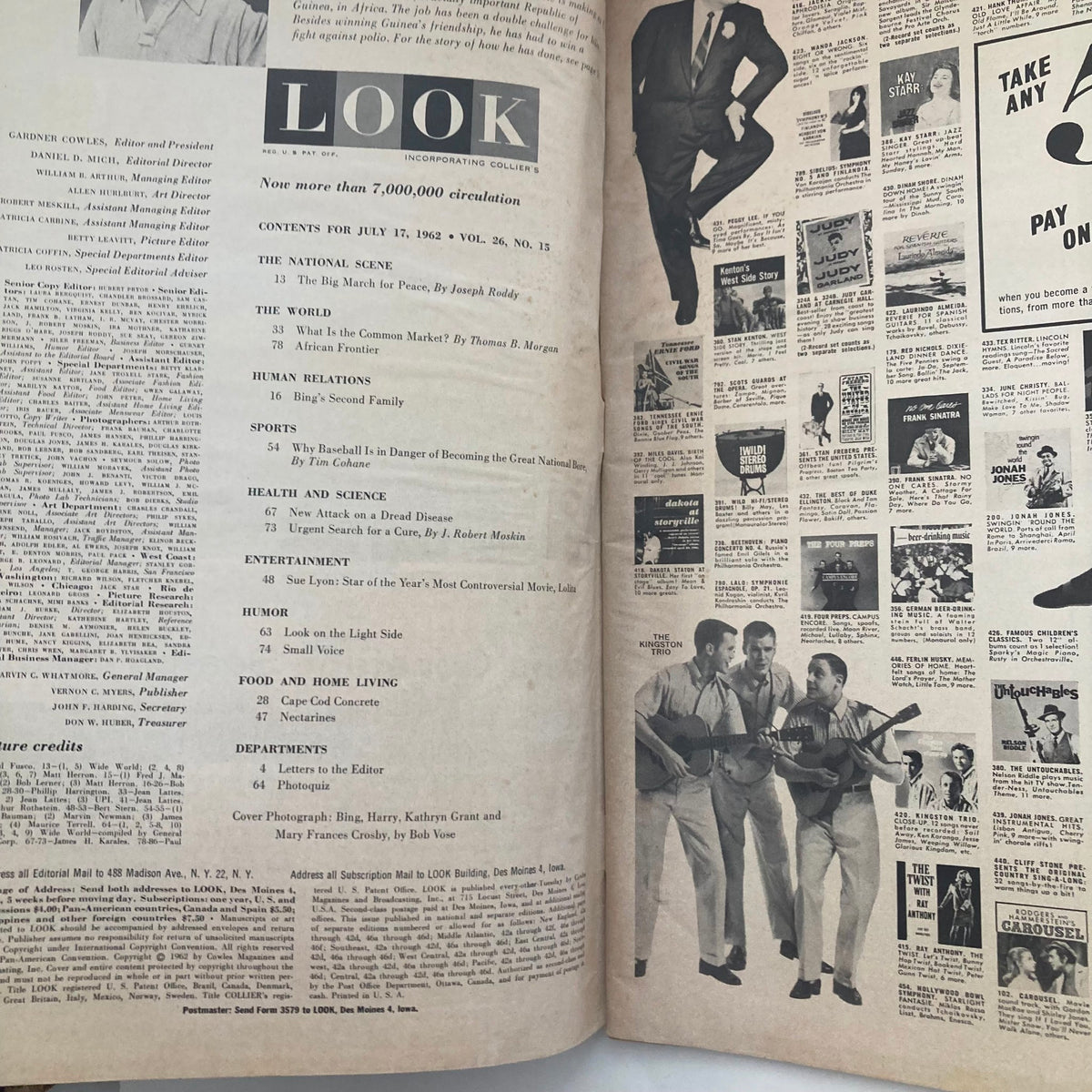 Inside page of VTG Look Magazine July 17 1962 displaying the contents list including feature on Bing Crosby and articles on human relations and health.