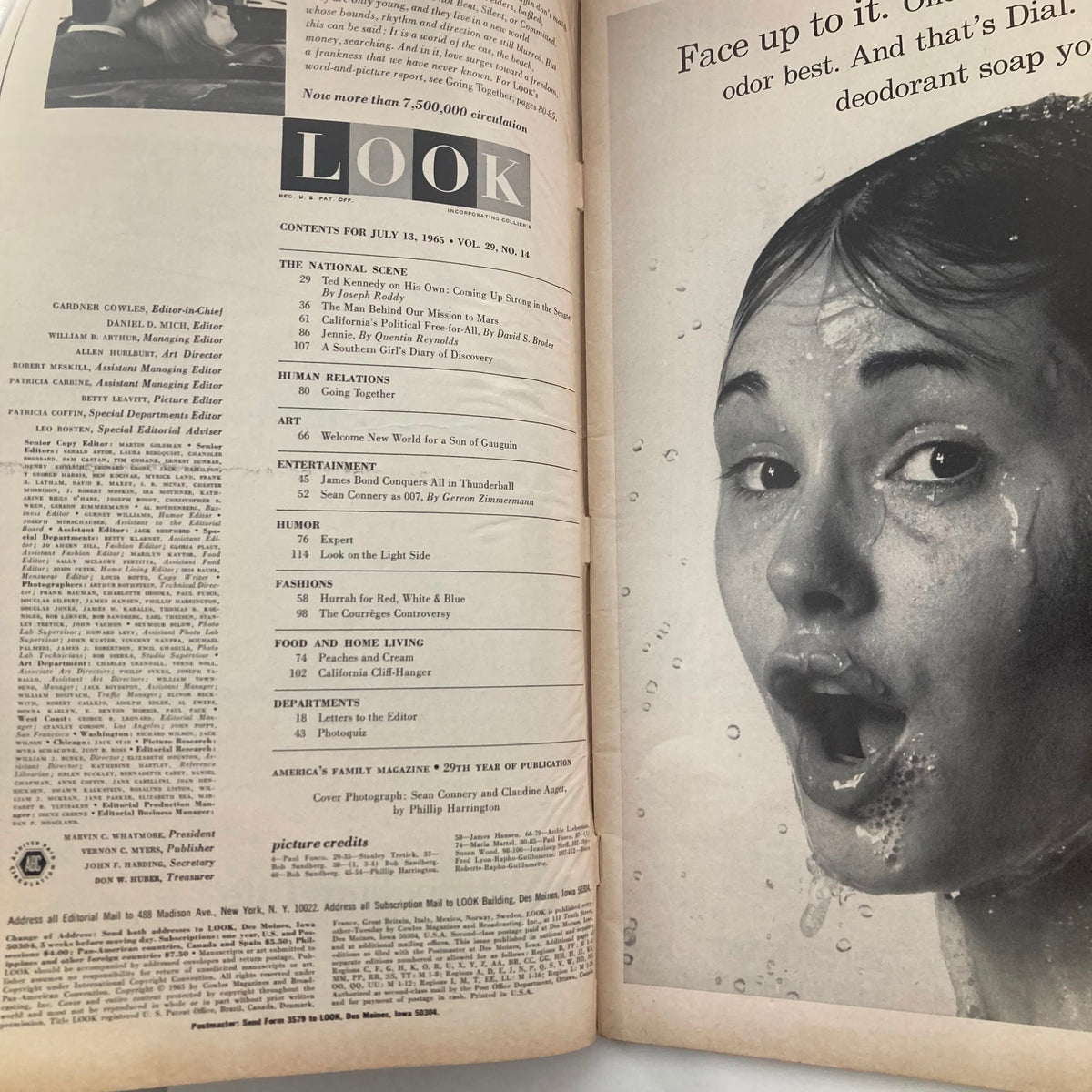 Interior page of the July 13, 1965 edition of Look Magazine displaying the table of contents for Volume 29, Number 14, highlighting articles and features. Title: VTG Look Magazine July 13 1965 Vol 29 No. 14 Sean Connery & Claudine Auger.