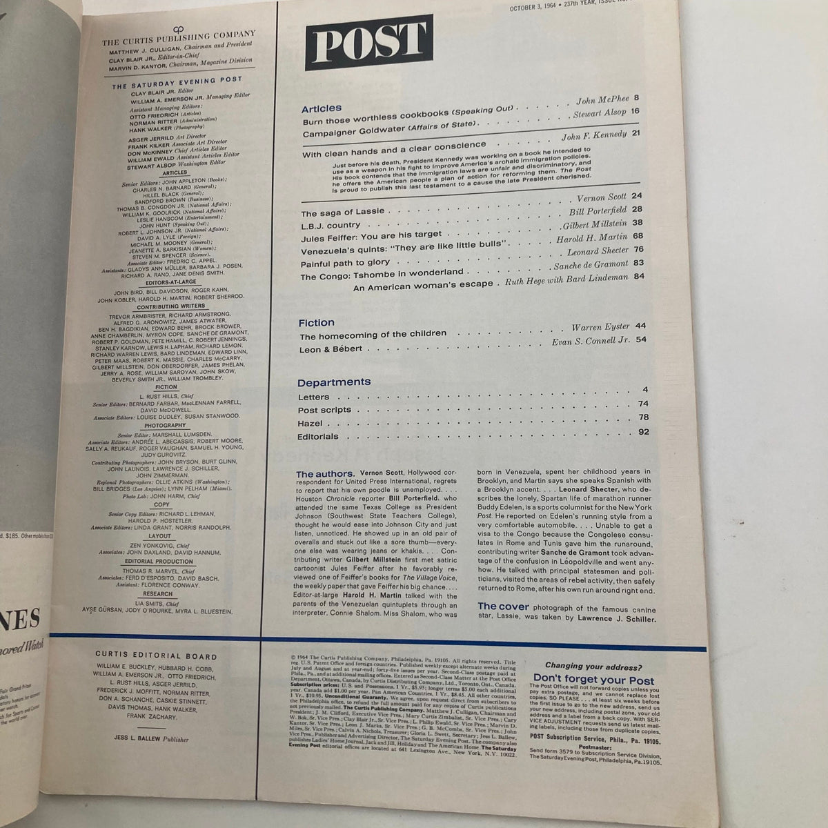 Inside page of The Saturday Evening Post Magazine October 3, 1964 listing the table of contents with featured articles including the saga of Lassie.