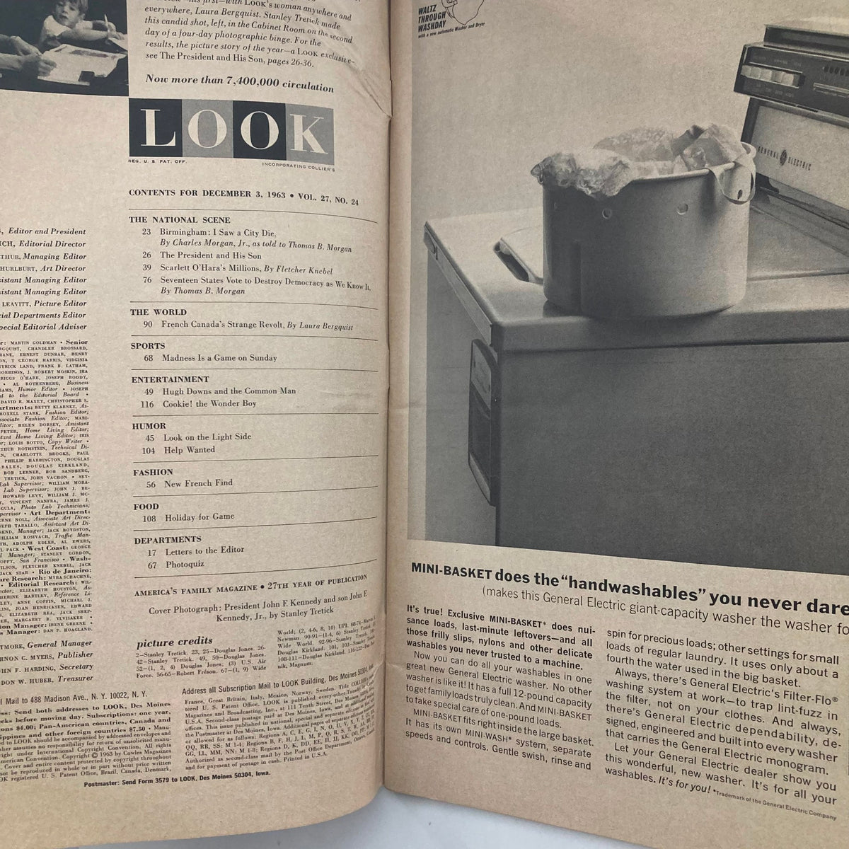 Interior page of VTG Look Magazine December 3 1963, Vol 27 No. 24 featuring an article layout with a General Electric washing machine advertisement.