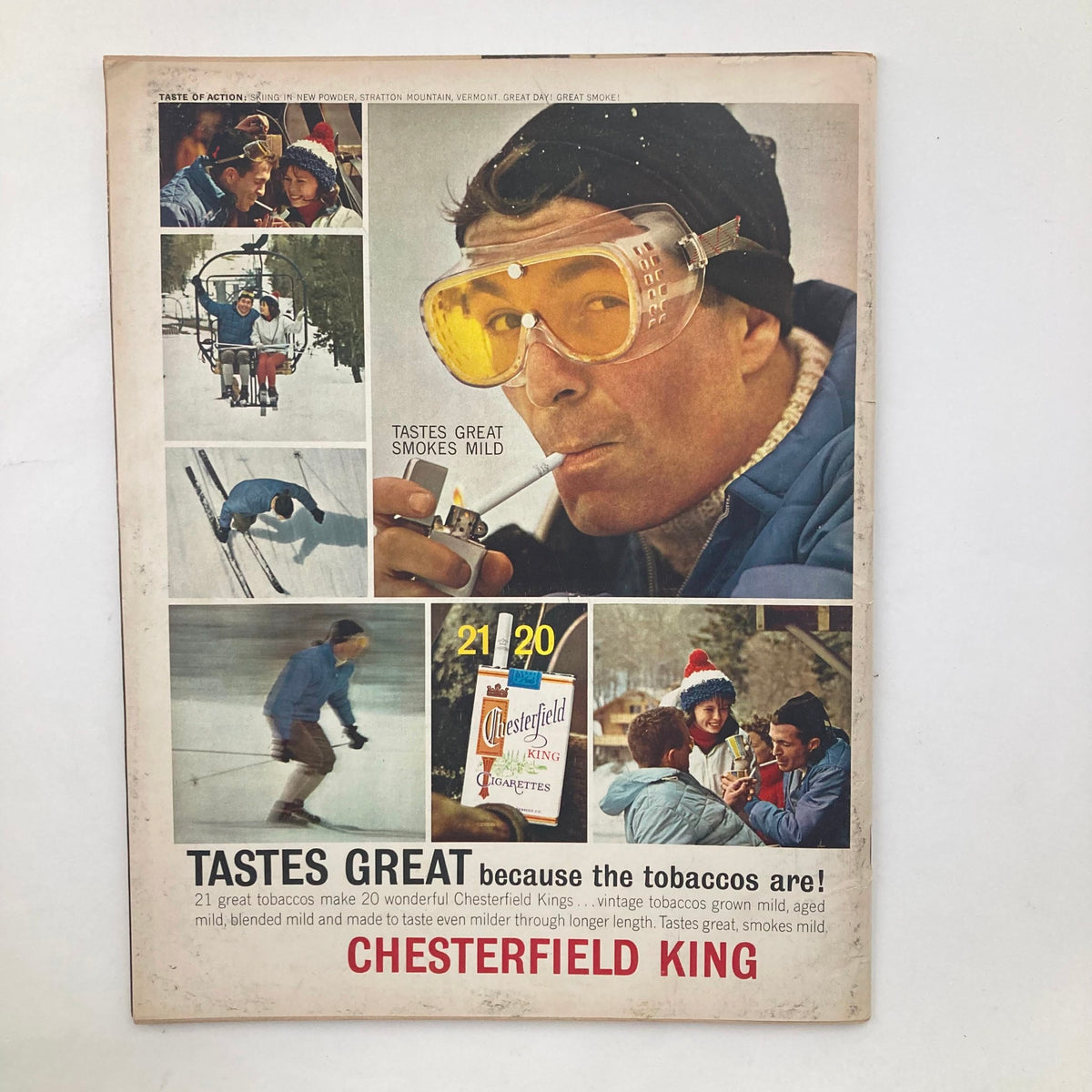 Back cover of VTG Look Magazine December 3 1963, Vol 27 No. 24, showcasing a Chesterfield King cigarette advertisement with a winter sports theme.