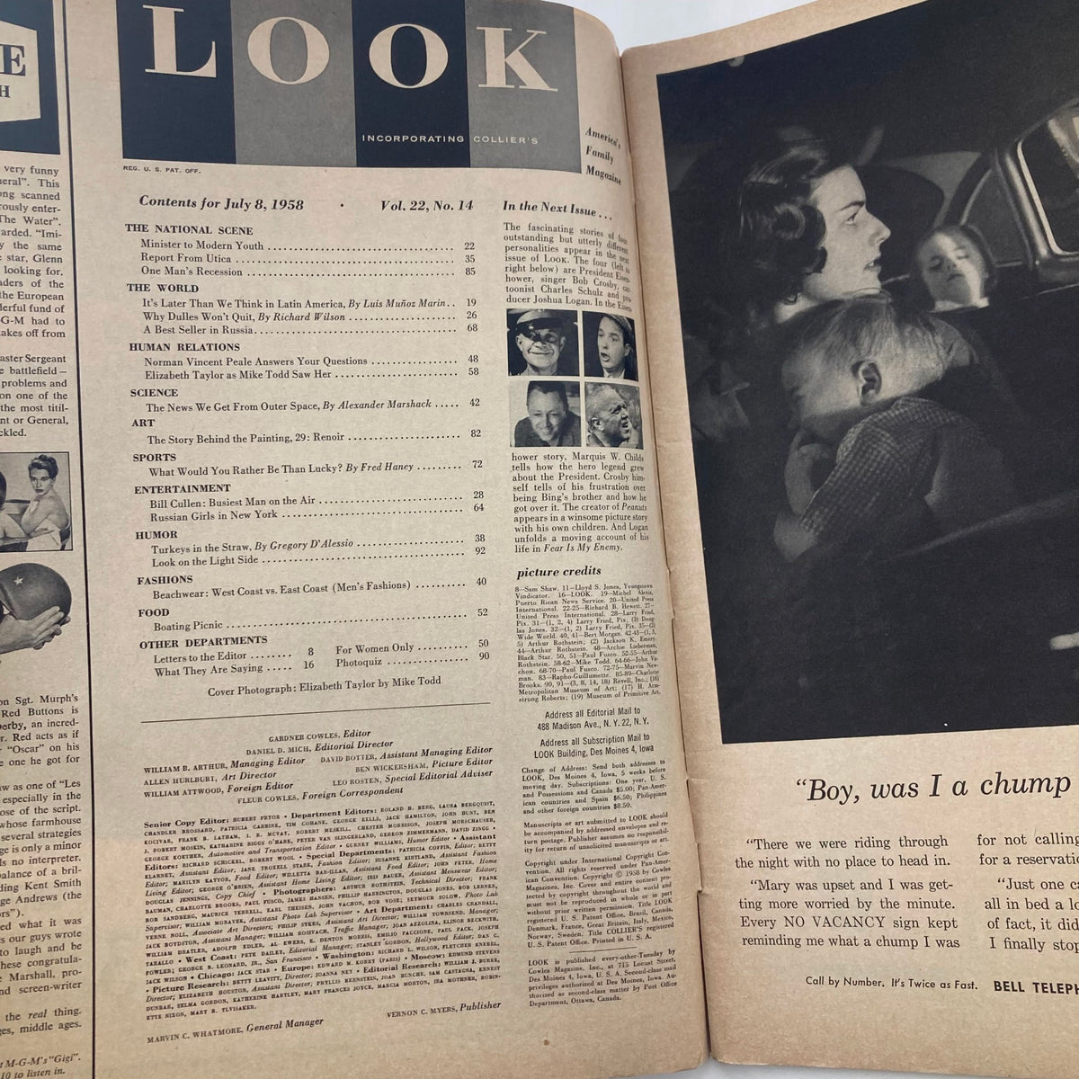 Inside page of VTG Look Magazine July 8 1958 featuring the table of contents and articles highlighting mid-century America, including a piece on Elizabeth Taylor.