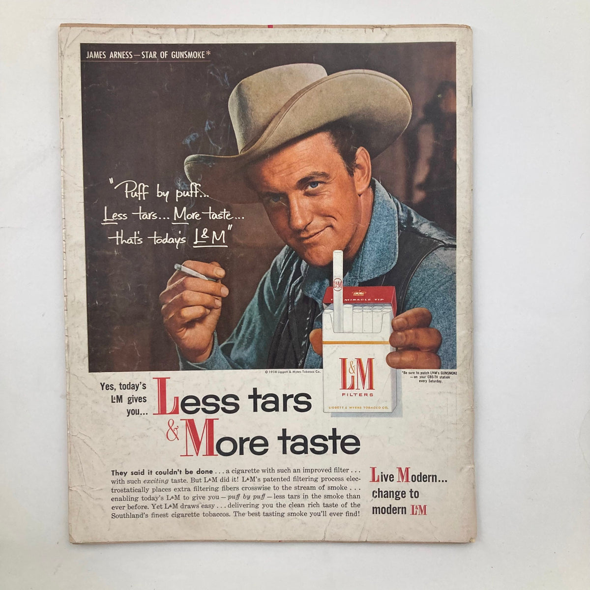 Back cover of VTG Look Magazine July 8 1958 displaying an advertisement for L&M cigarettes featuring James Arness, star of Gunsmoke.