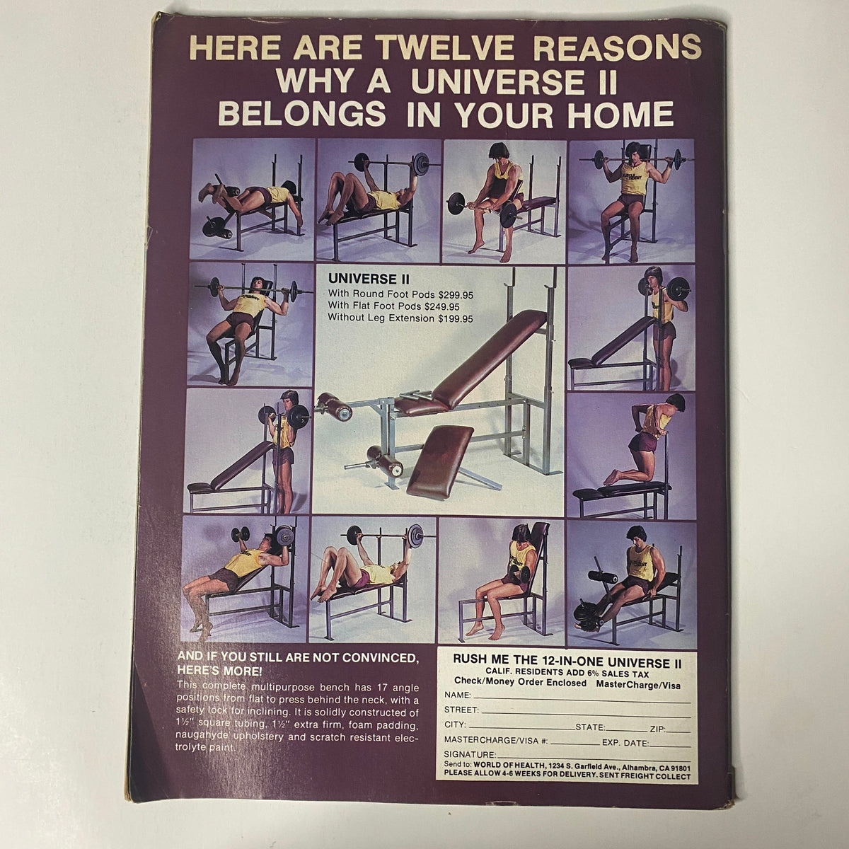 Back cover of the Muscle Digest Magazine July 1982 featuring promotional content for 'Universe II', showcasing various exercise equipment with images of individuals using the equipment. This design highlights reasons for having the Universe II in your home gym.