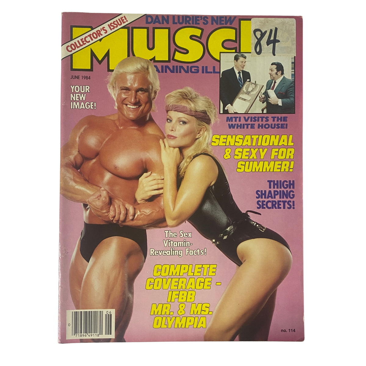 Muscle Training Illustrated Magazine June 1984 featuring Tom Platz and Valerie Ojala on the cover, highlighting fitness, bodybuilding, and a special feature on the Mr. Olympia contest.