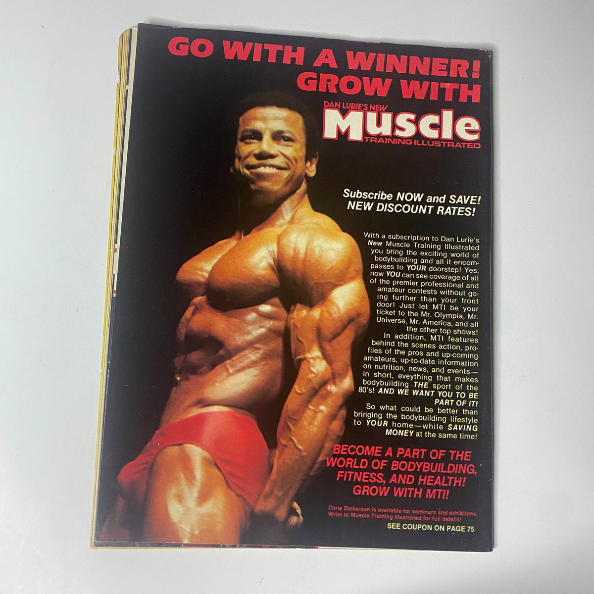 Back cover of Muscle Training Illustrated January 1984 No. 111 promoting subscriptions, showcasing a bodybuilder and encouraging participation in bodybuilding and fitness.