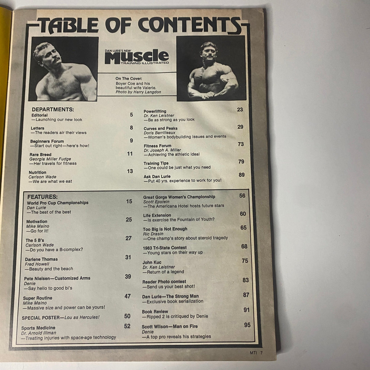 Table of contents page from Muscle Training Illustrated September 1983 showcasing featured articles and topics related to bodybuilding, fitness, and training routines.