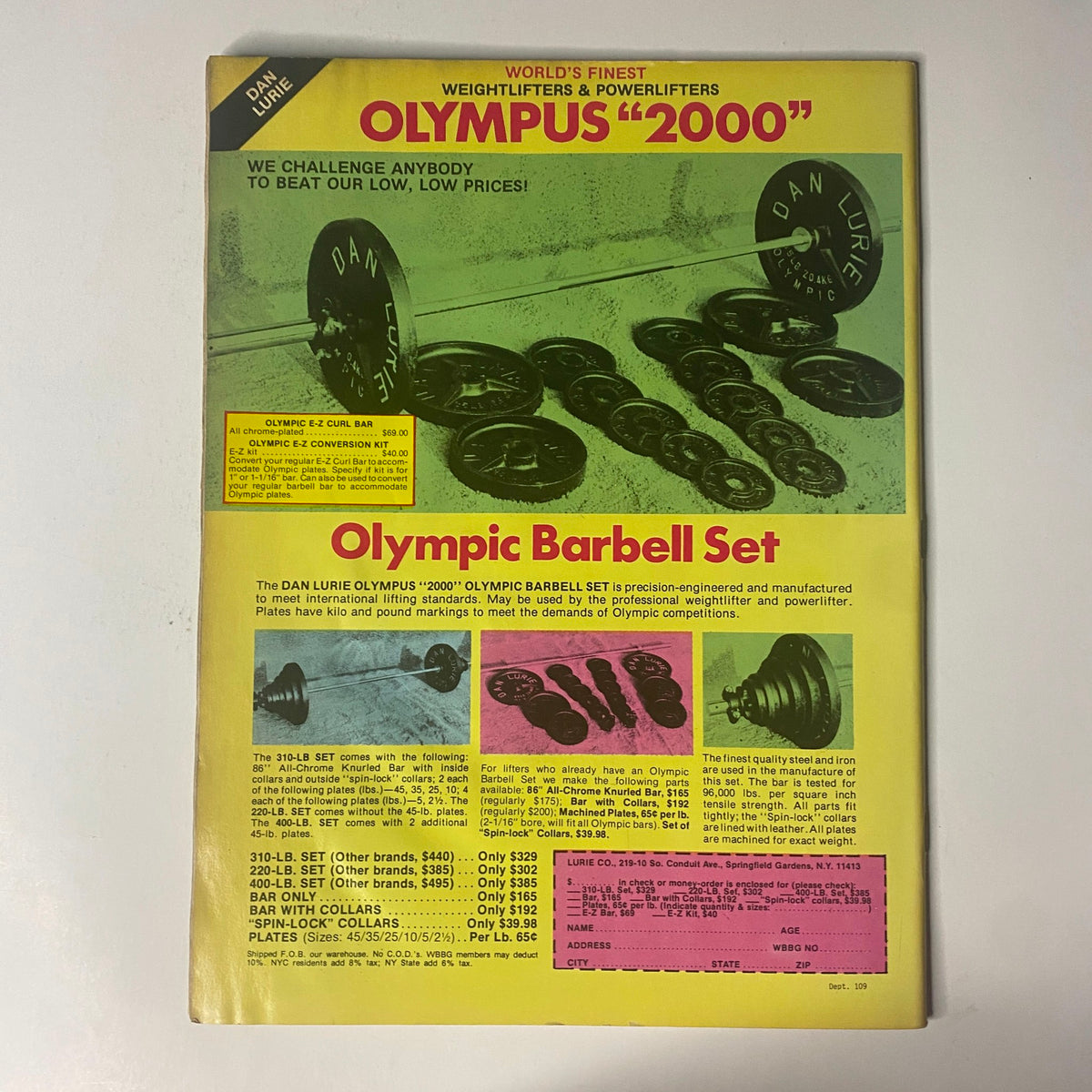 Cover of Muscle Training Illustrated September 1983 featuring an advertisement for the Dan Lurie '2000' Olympic Barbell Set, showcasing weights and fitness equipment, along with the title, 'Muscle Training Illustrated September 1983 Boyer Coe & Valerie Coe No Label'.