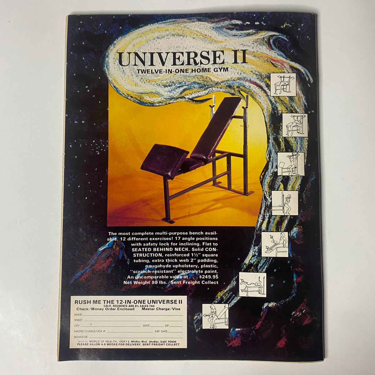 Back cover of Muscle Digest Magazine April 1981 Vol 5 No. 1 featuring Universe II Twelve-in-One Home Gym advertisement, highlighting its versatility for various exercises and fitness training.