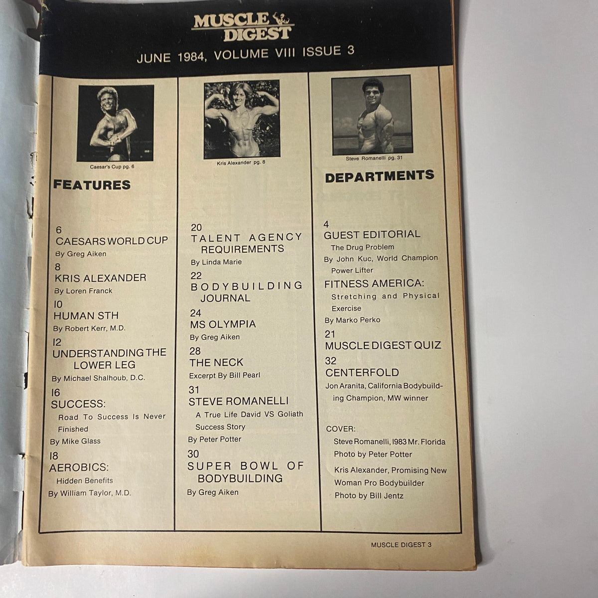 Table of contents from Muscle Digest Magazine June 1984, listing features including Kris Alexander and Caesar’s World Cup. Highlights the magazine's articles and contributors.