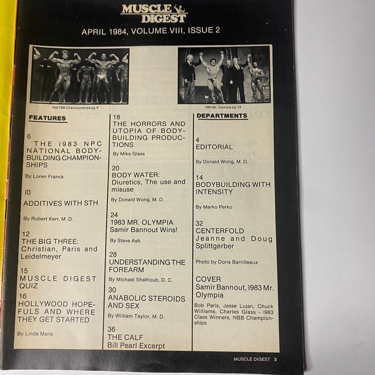 The table of contents for Muscle Digest Magazine April 1984, featuring articles on the 1983 NPC National Bodybuilding Championships and Mr. Olympia, with contributions from various experts in the bodybuilding field.