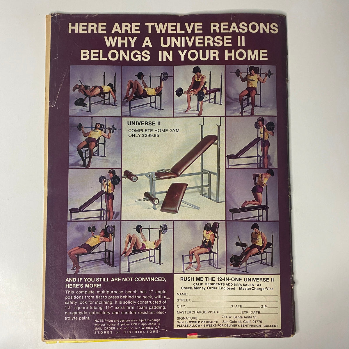 Back cover of Muscle Digest Magazine April 1984 advertising the Universe II home gym system, showcasing a range of exercises with equipment designed for bodybuilding fitness enthusiasts.