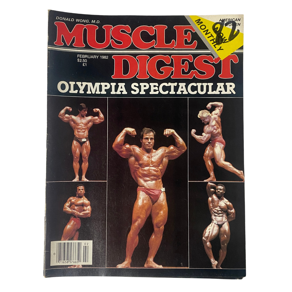Cover of Muscle Digest Magazine February 1982 featuring Danny Padilla and Franco Columbu, showcasing bodybuilding poses with the tagline 'Olympia Spectacular'. This vintage magazine highlights the Mr. Olympia competition and is a collectible for bodybuilding enthusiasts.