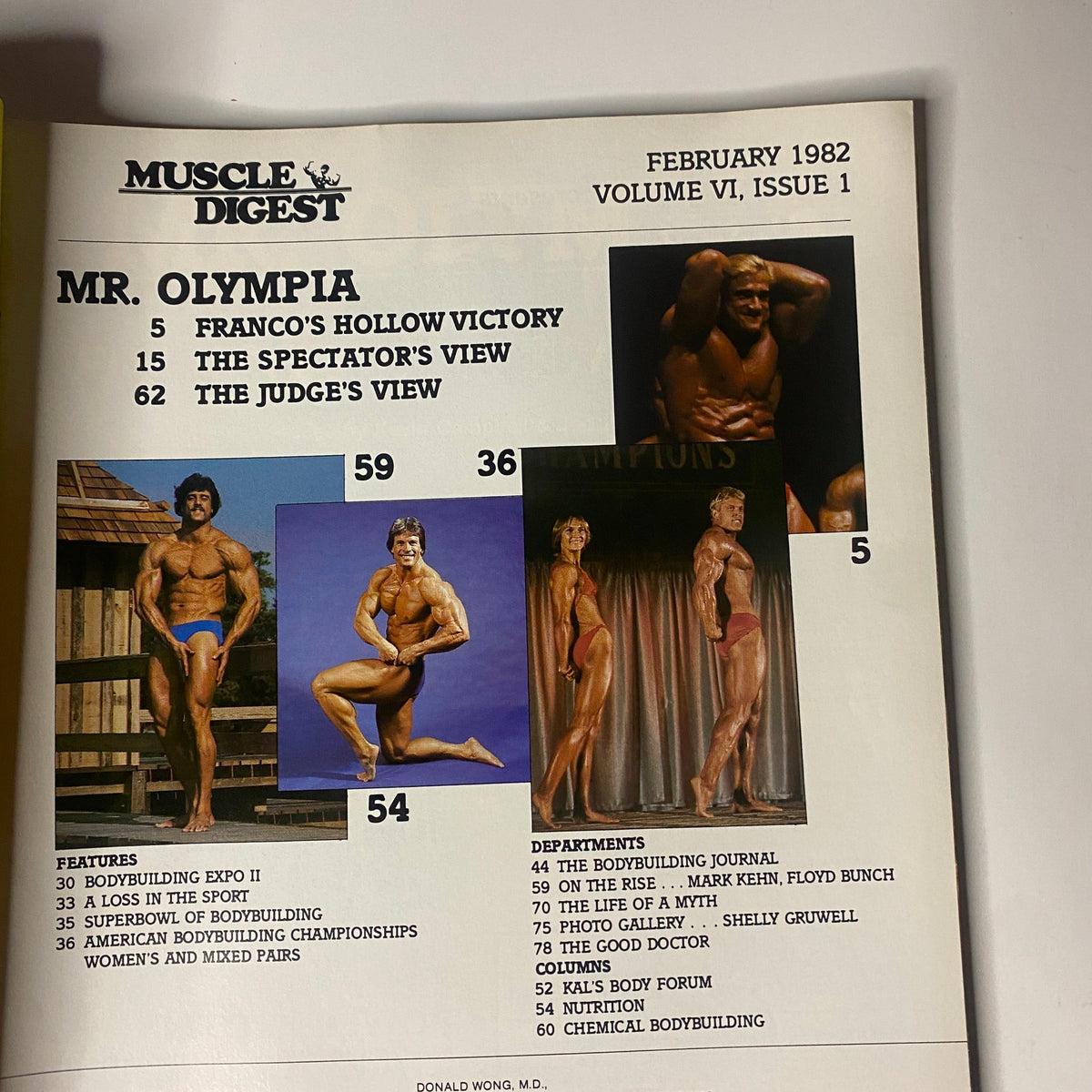 Inside spread of Muscle Digest Magazine February 1982, presenting the Table of Contents including features like 'Franco's Hollow Victory' and coverage of bodybuilding events such as the American Bodybuilding Championships. This page conveys the magazine's focus on early 1980s bodybuilding culture.