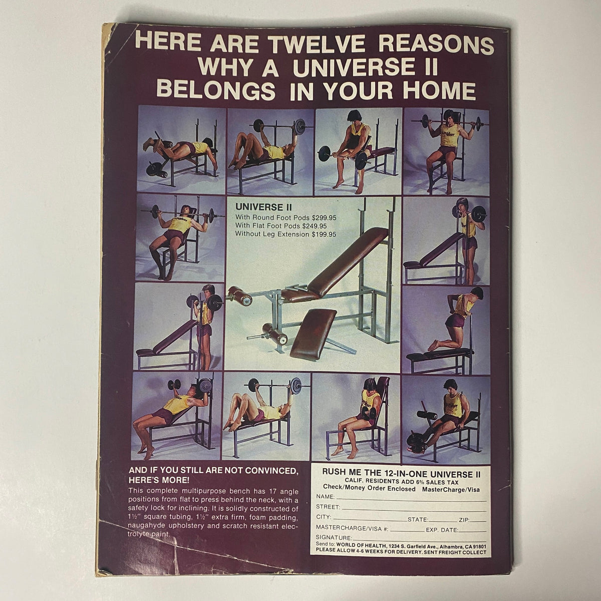 Back cover of Muscle Digest Magazine February 1982 featuring promotional content for Universe II exercise equipment.
