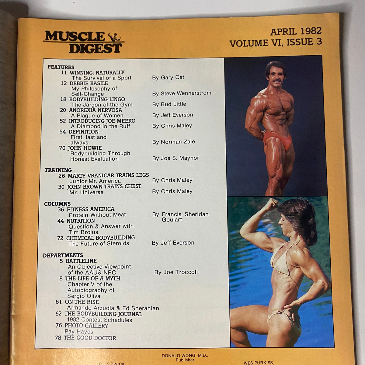 Inside page of Muscle Digest Magazine April 1982 Vol 6 No. 3 displaying the table of contents including features on bodybuilding training and nutrition.