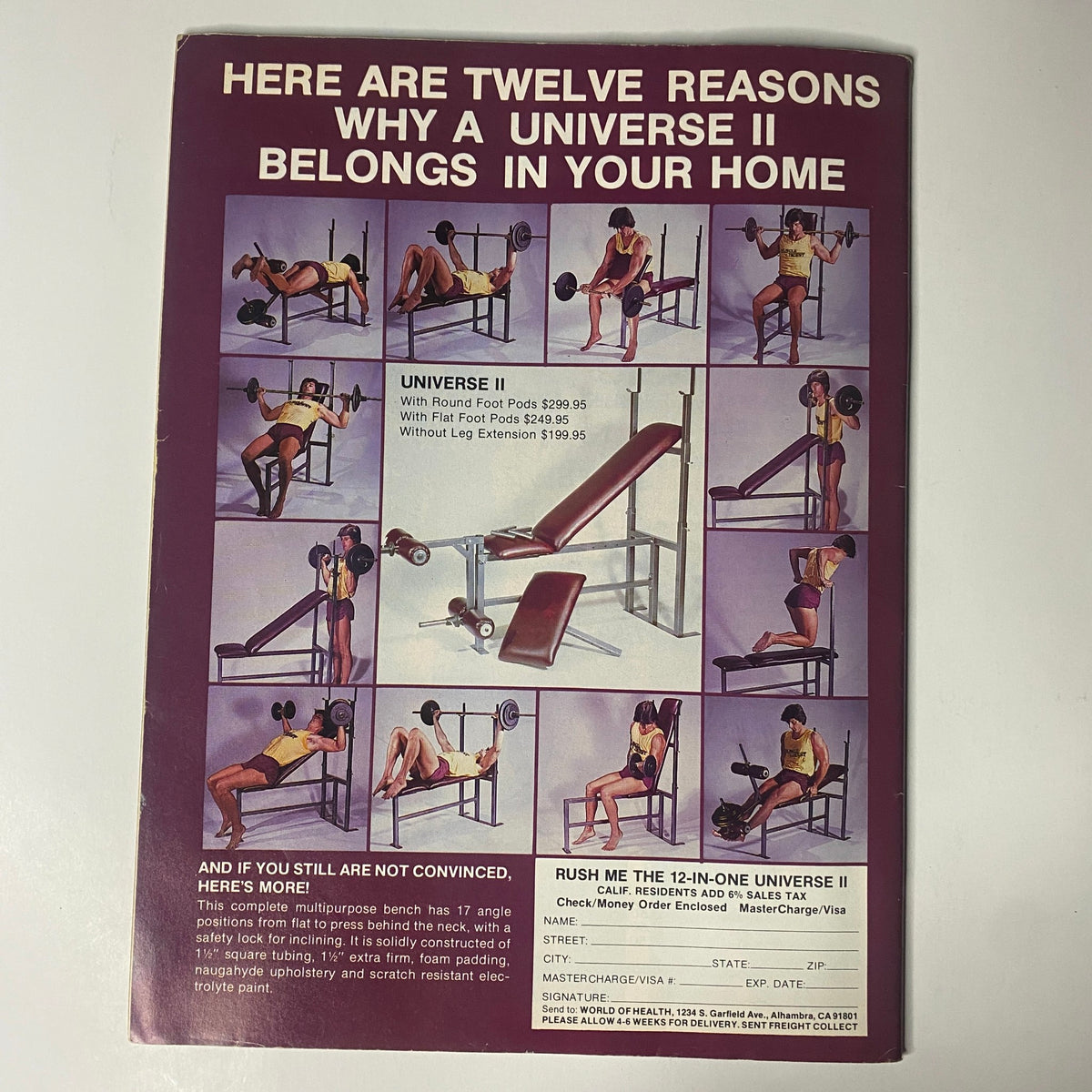 Back cover of Muscle Digest Magazine April 1982 Vol 6 No. 3, featuring an advertisement for the Universe II workout equipment with multiple exercise demonstrations.