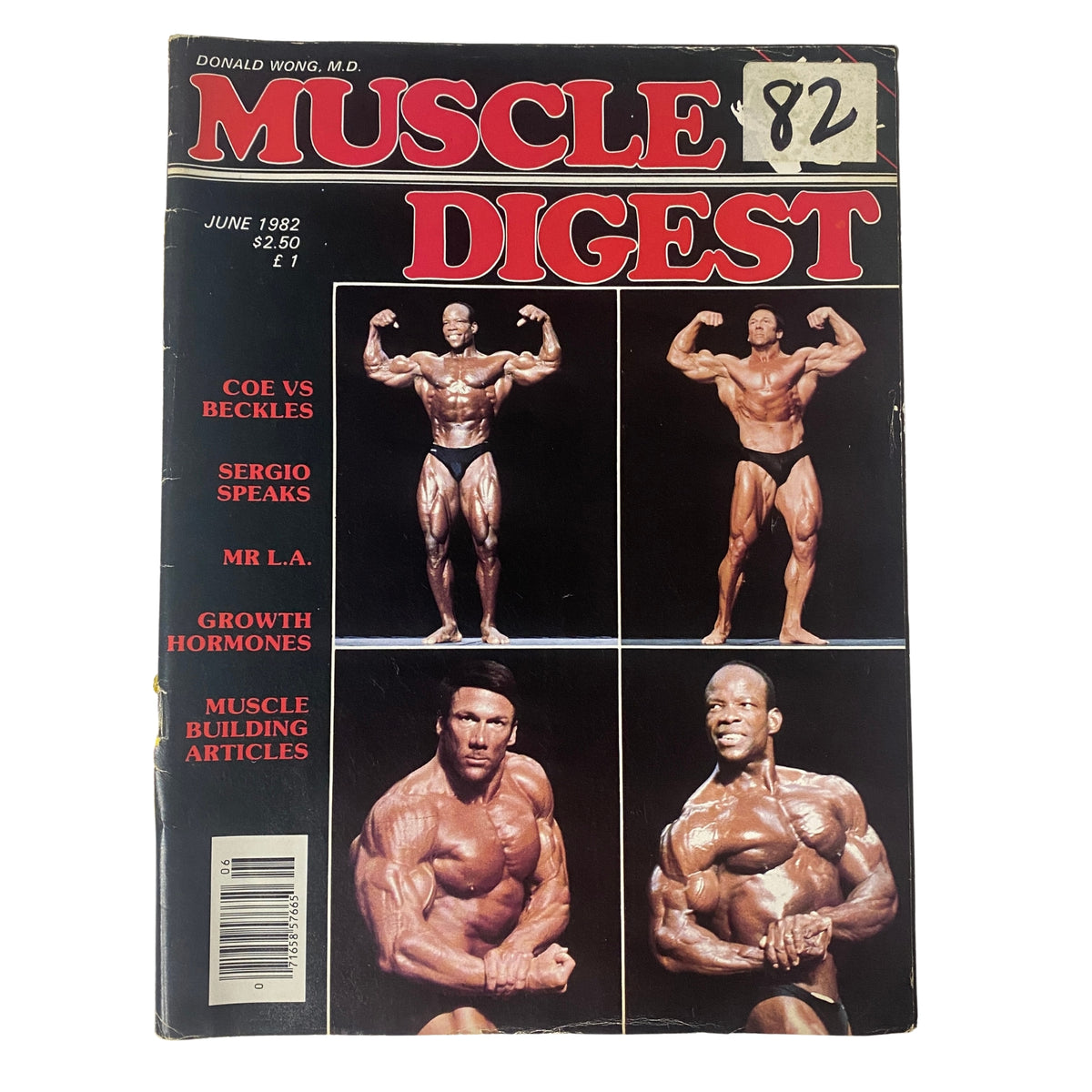Cover of Muscle Digest Magazine June 1982 featuring Albert Beckles and Boyer Coe, showcasing bodybuilding. Highlights include articles on training, nutrition, and competition.