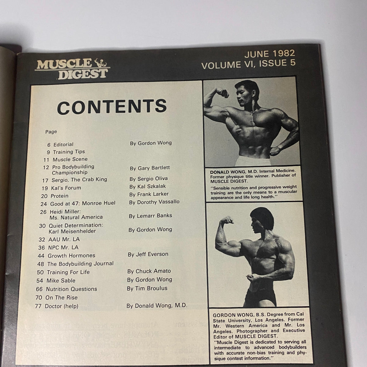 Table of contents for Muscle Digest Magazine June 1982, detailing features by Gordon Wong and notable contributions from bodybuilding icons such as Sergio Oliva and Jeff Everson.