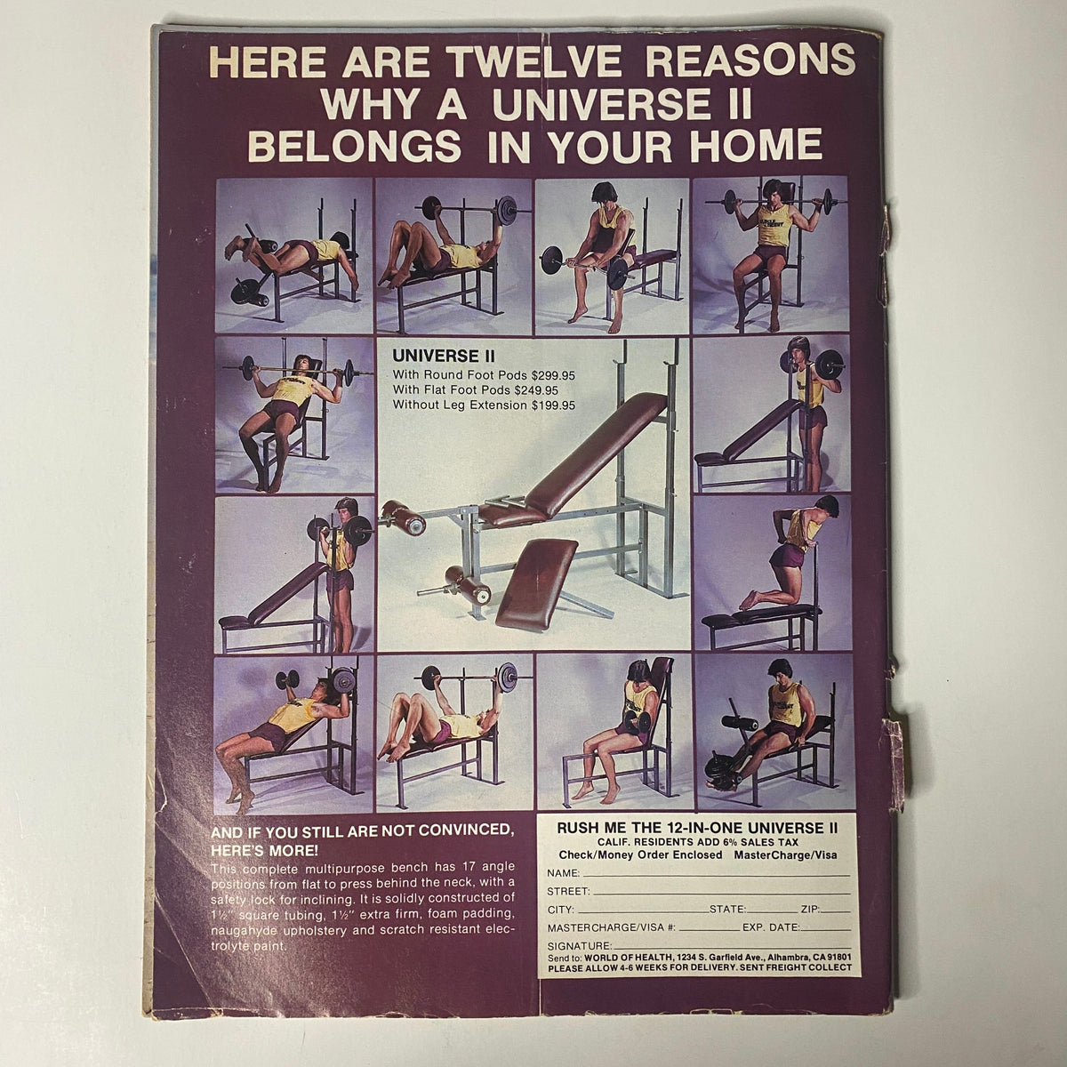 Back cover of Muscle Digest Magazine June 1982 featuring twelve reasons why a Universe II multi-gym belongs in homes, highlighting fitness equipment with prices and promotional details.