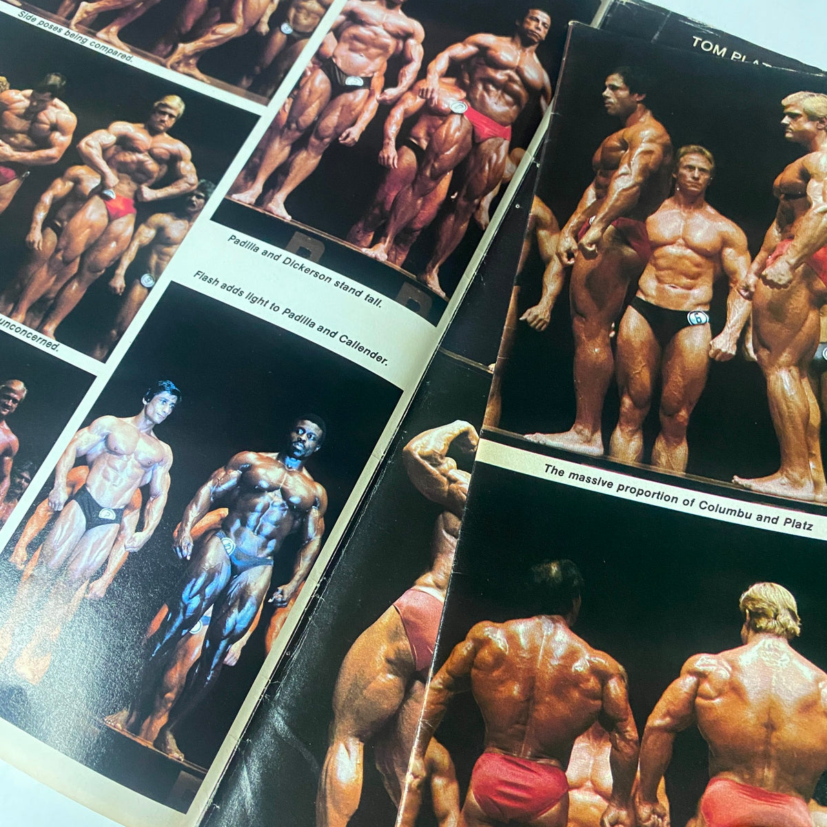 Collage of bodybuilding competition photos from Muscle Digest Magazine July 1982 showcasing athletes such as Tom Platz and others in various poses.