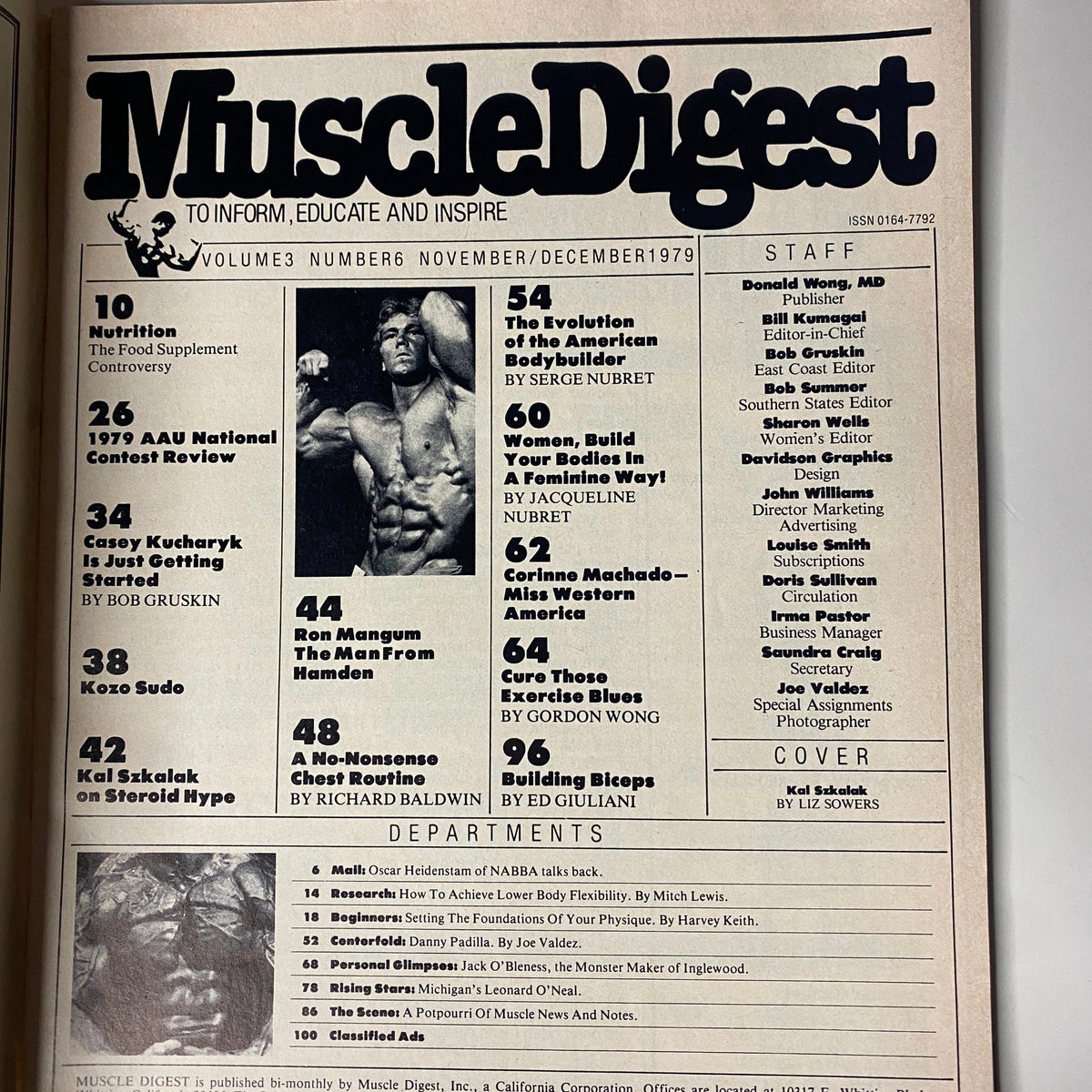 Inside page of Muscle Digest Magazine December 1979 with the table of contents listing articles on bodybuilding, nutrition, and fitness by various authors.