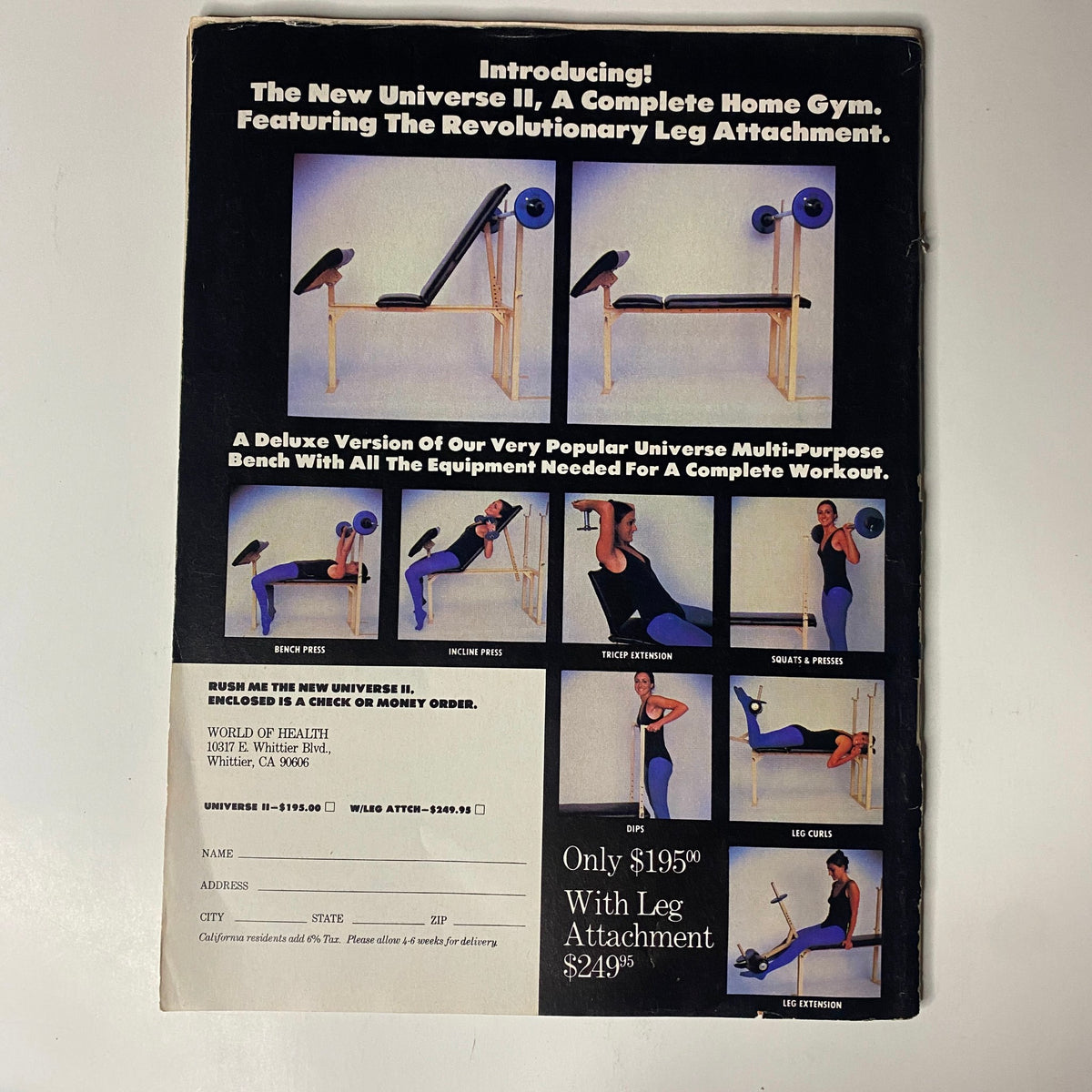 Back cover of Muscle Digest Magazine December 1979 advertising the New Universe II home gym with revolutionary leg attachment, featuring a versatile workout bench for complete fitness training.