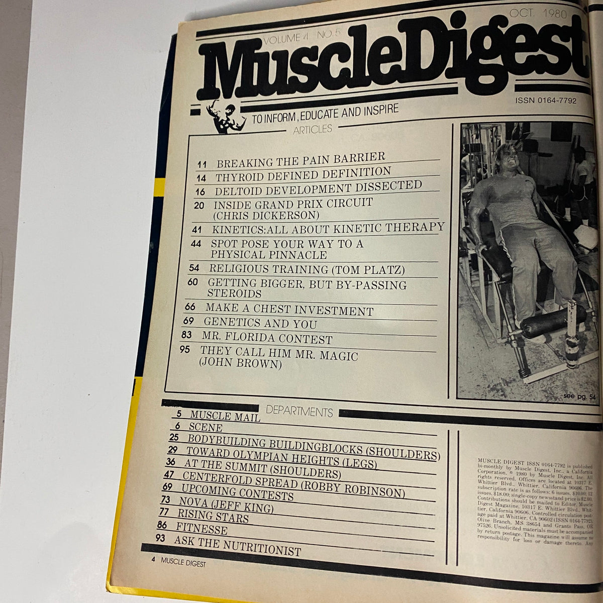 Table of contents from Muscle Digest Magazine October 1980, listing articles including topics on bodybuilding and nutrition.