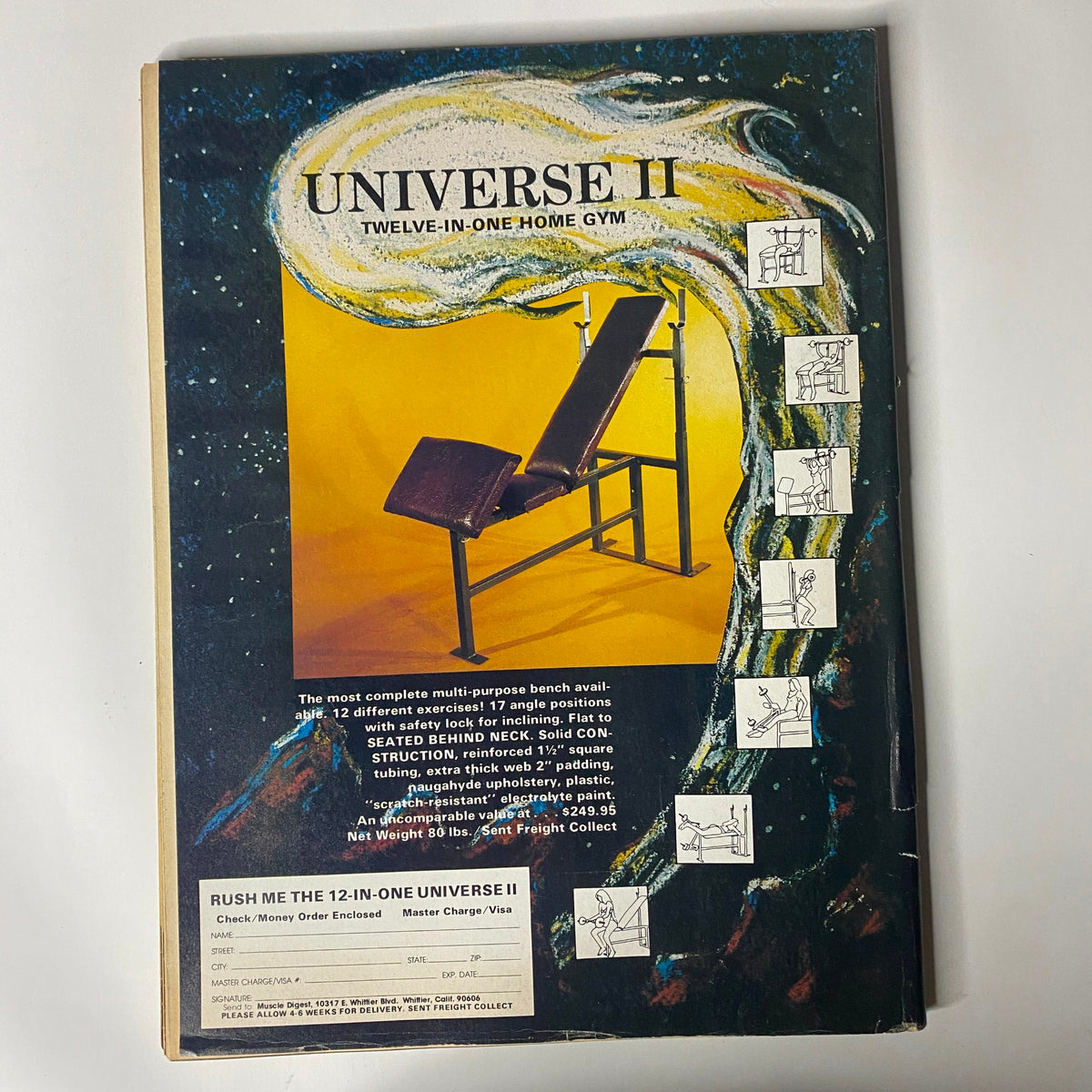 Back cover of Muscle Digest Magazine October 1980 featuring advertisement for Universe II Twelve-in-One Home Gym, showcasing its multifunctional design and workout capabilities.