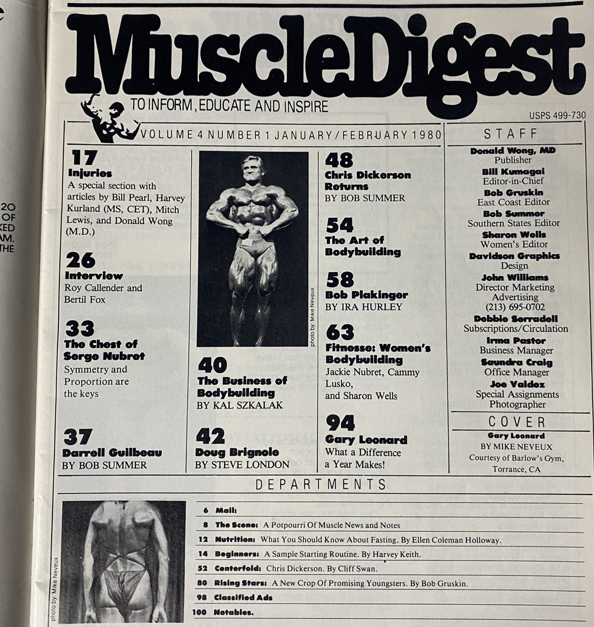 Table of contents for Muscle Digest Magazine February 1980, listing articles such as 'Injuries,' 'The Chest of Serge Nubret,' and 'The Business of Bodybuilding'.