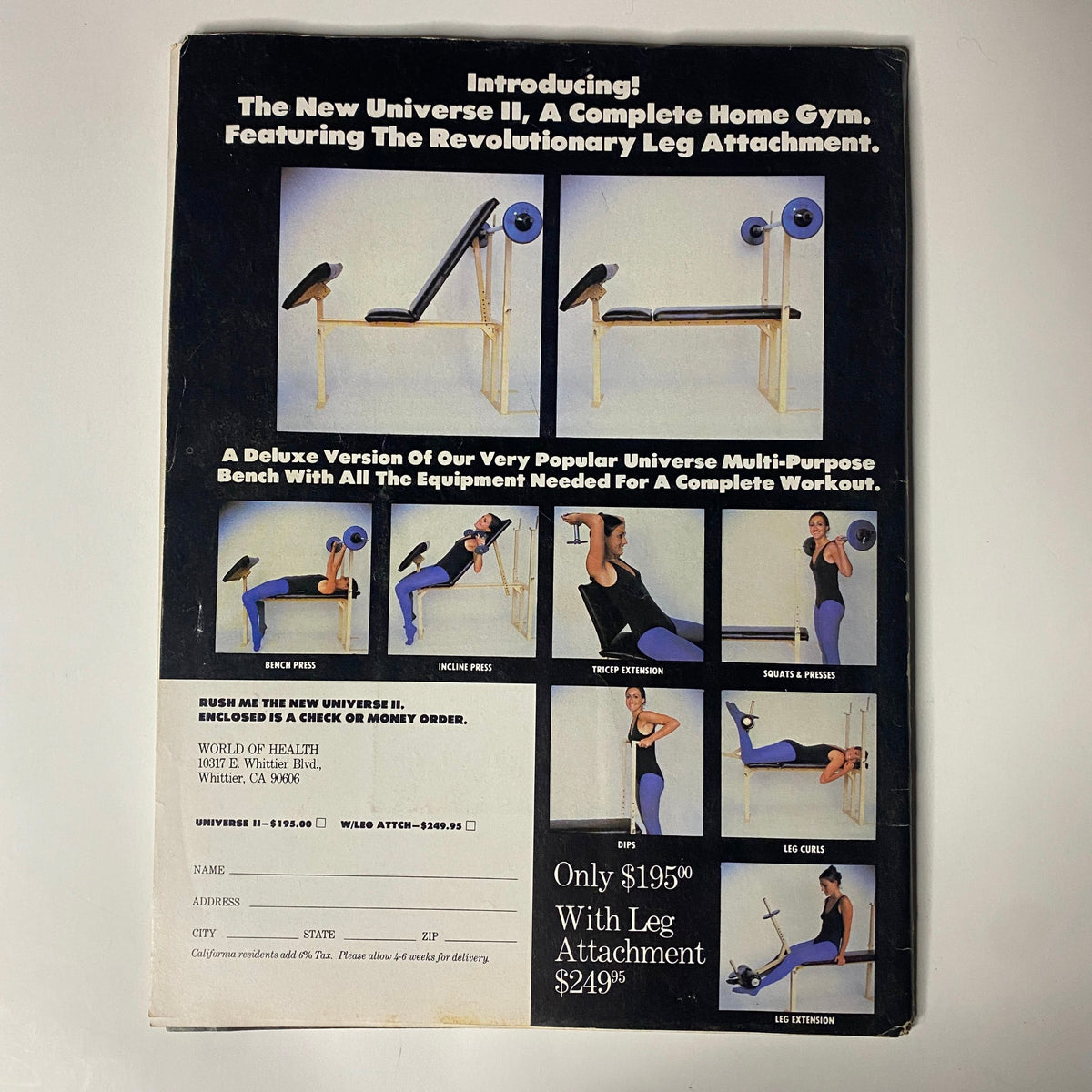 Back cover of Muscle Digest Magazine February 1980 introducing the Universe II Home Gym with a revolutionary leg attachment, advertising complete workout equipment for fitness enthusiasts.