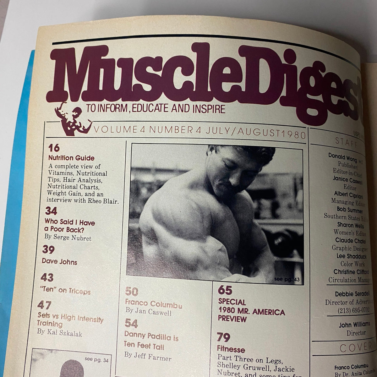 Inside page of Muscle Digest Magazine August 1980 Vol 4 No 4 displaying the table of contents and various articles including Nutrition Guide and profiles of bodybuilders.