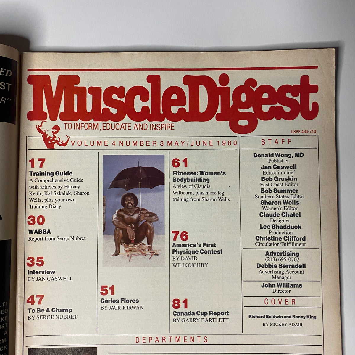 Table of Contents for Muscle Digest Magazine June 1980, including articles on women's bodybuilding, training guides, and interviews.