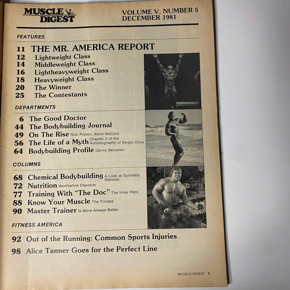 Table of Contents from Muscle Digest Magazine December 1981, outlining the Mr. America Report and various sections such as fitness articles and bodybuilding profiles.