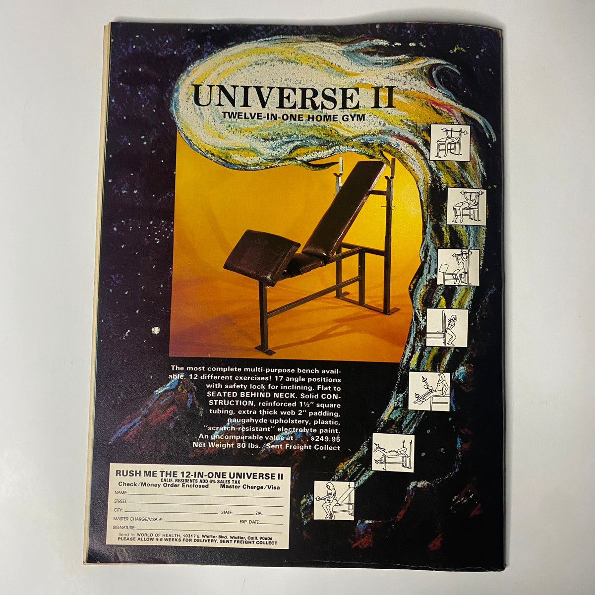 Back cover of Muscle Digest Magazine August 1981, promoting the Universe II home gym with colorful artwork and product details.