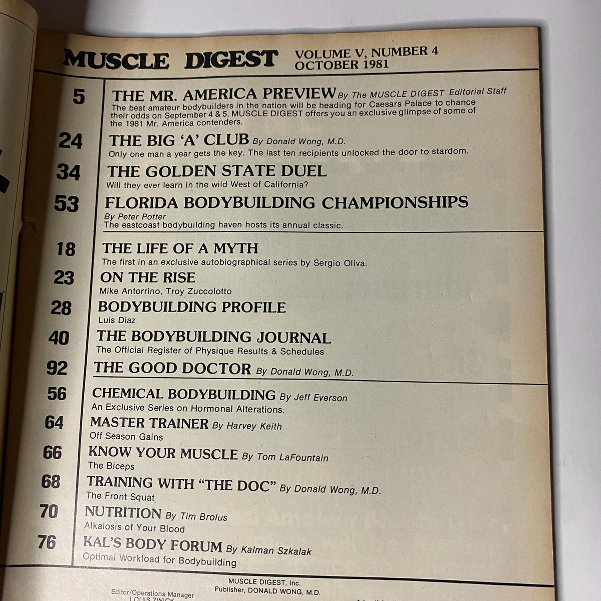 Table of contents from Muscle Digest Magazine, October 1981, detailing featured articles including The Mr. America Preview and profiles of bodybuilders.