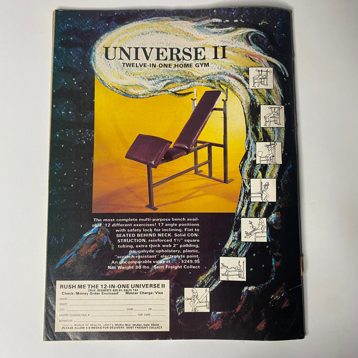 Back cover of Muscle Digest Magazine October 1981 showcasing the Universe II Home Gym with detailed illustration and product description, perfect for home fitness setups.
