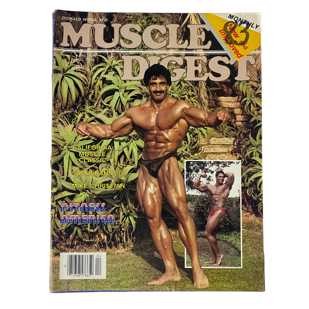 Cover of Muscle Digest Magazine April 1983 featuring Samir Bannout showcasing his physique in front of lush greenery with a centerfold image of Mike Christian.