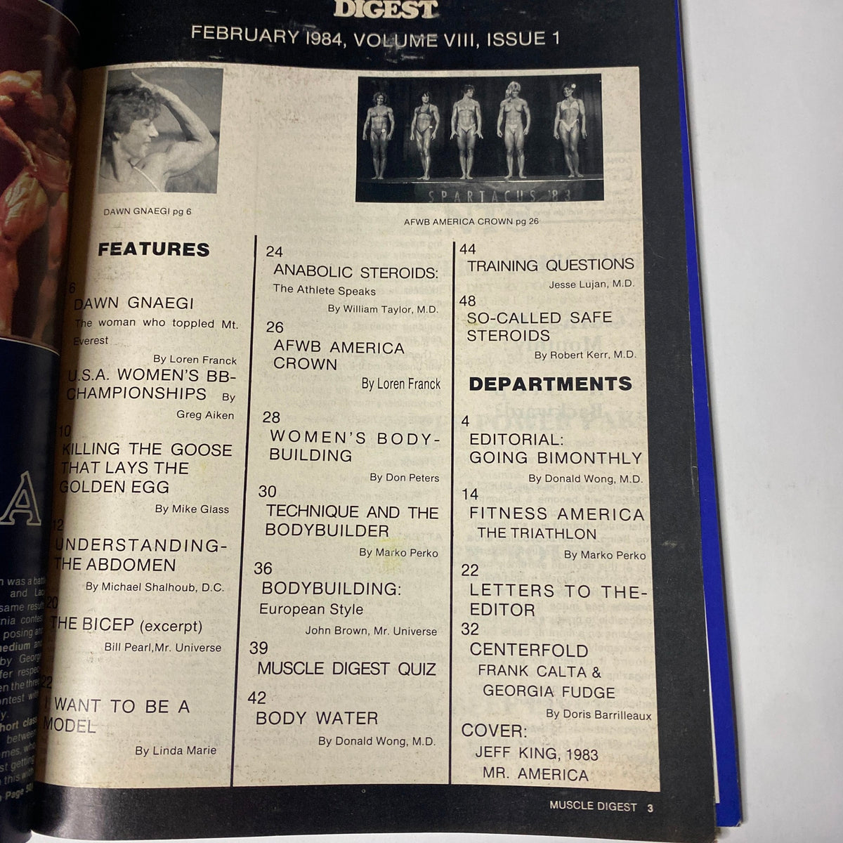 Table of contents from Muscle Digest Magazine February 1984, detailing features and departments including articles on bodybuilding and fitness.